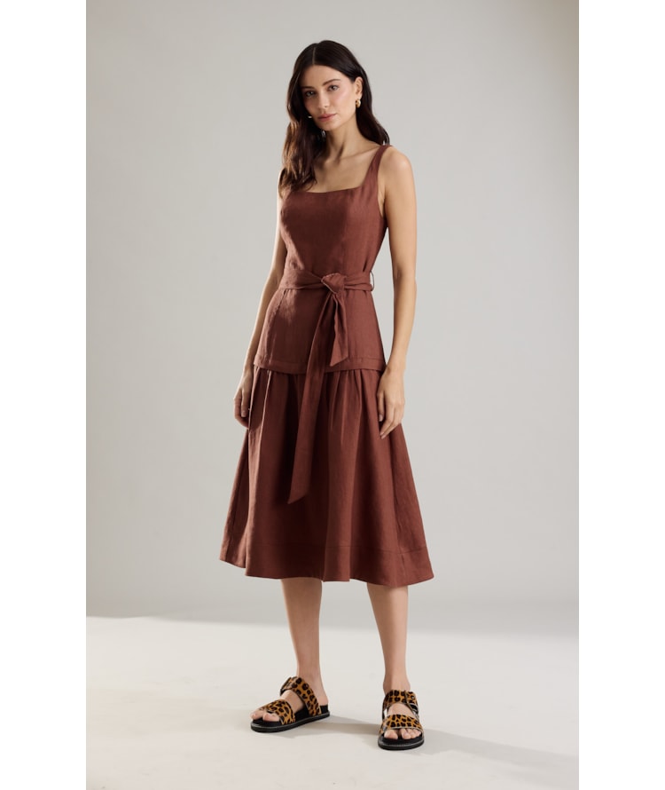 Vestido  Puro Linho Livia  Liso Tabaco