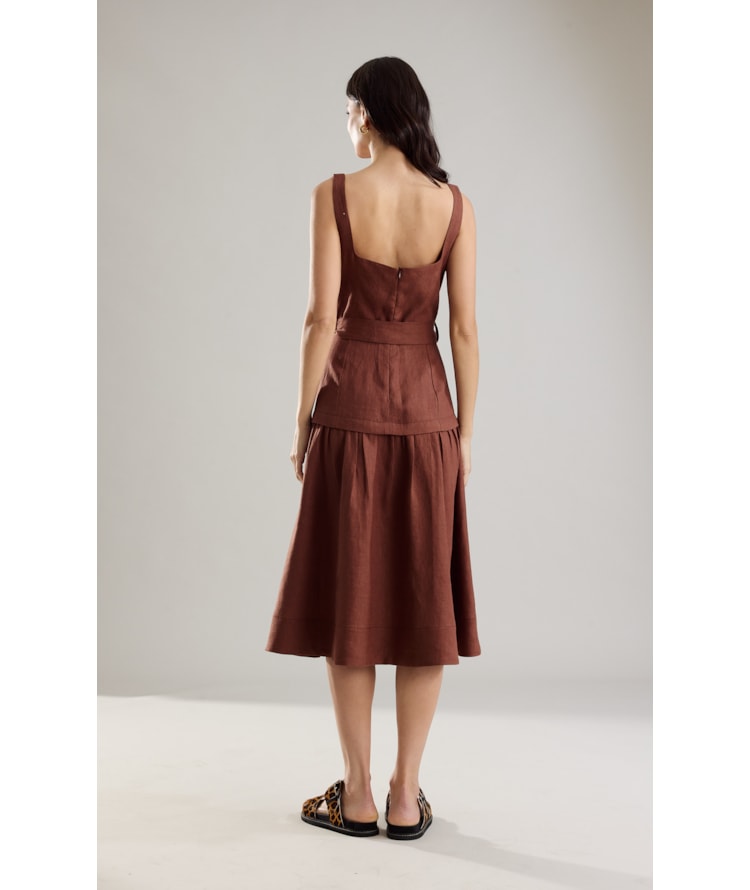 Vestido  Puro Linho Livia  Liso Tabaco