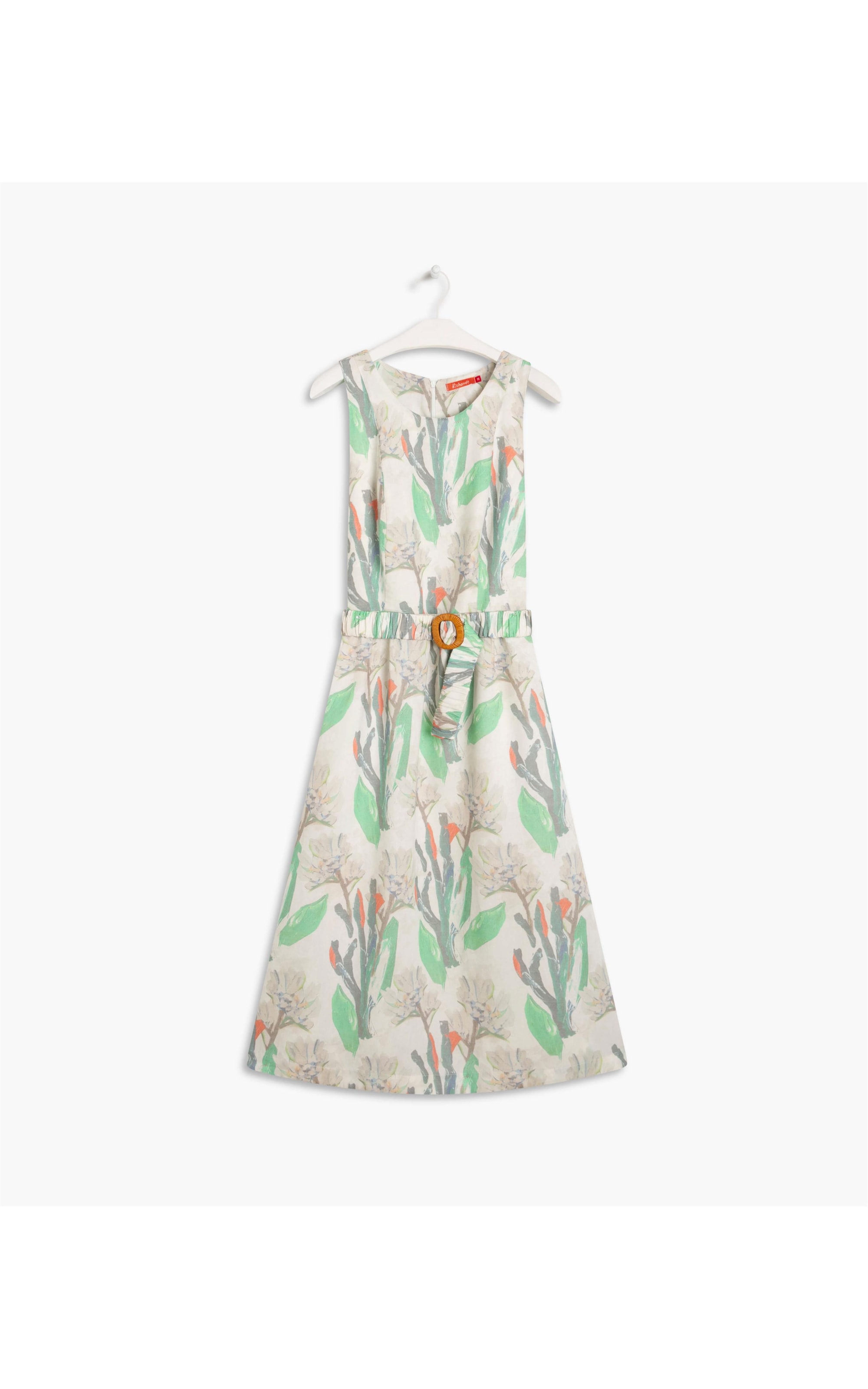 Vestido  Puro Linho Pistache  Est Canvas Flower Off White
