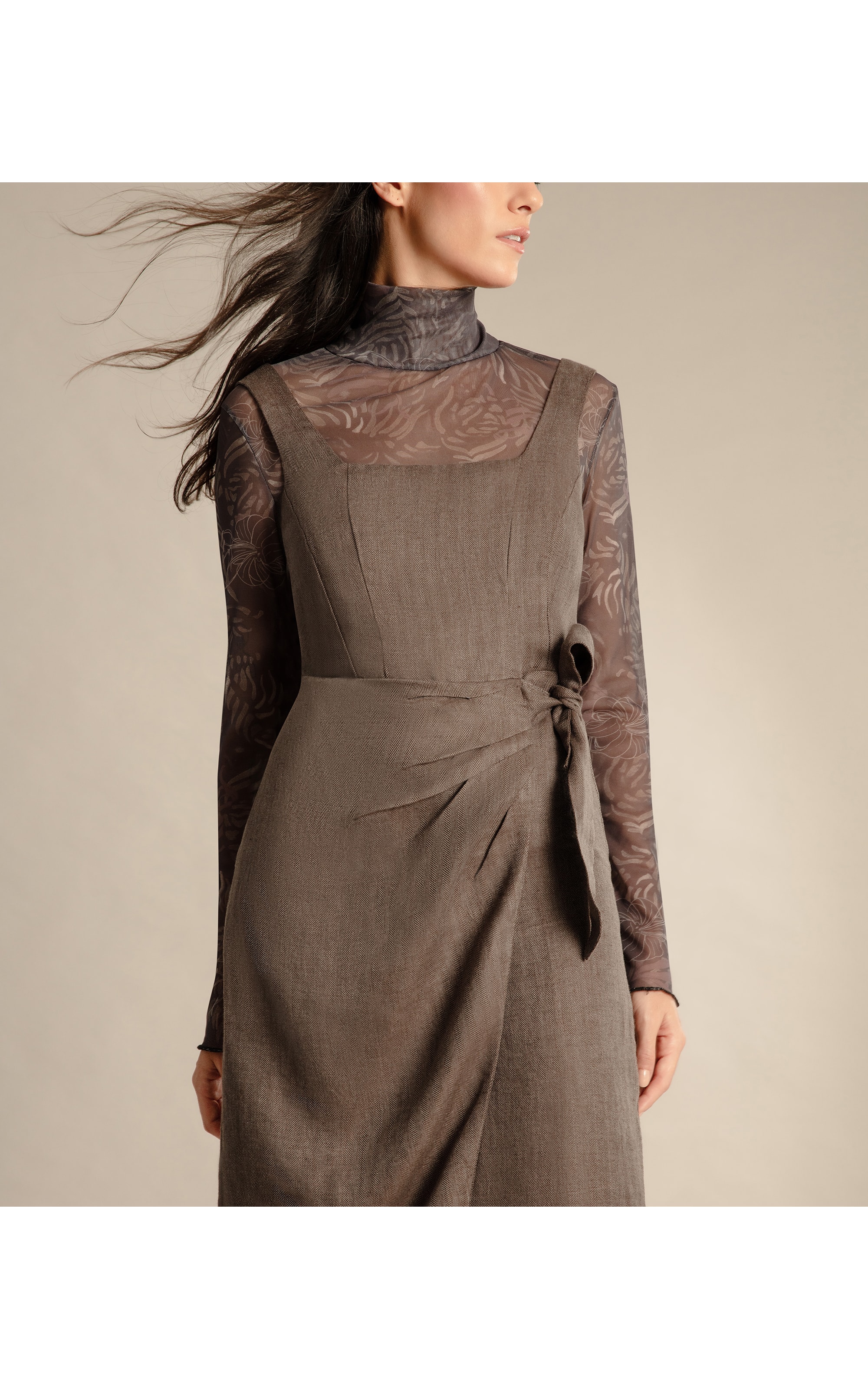 Vestido  Puro Linho Roma Fishbone Ft Grafite