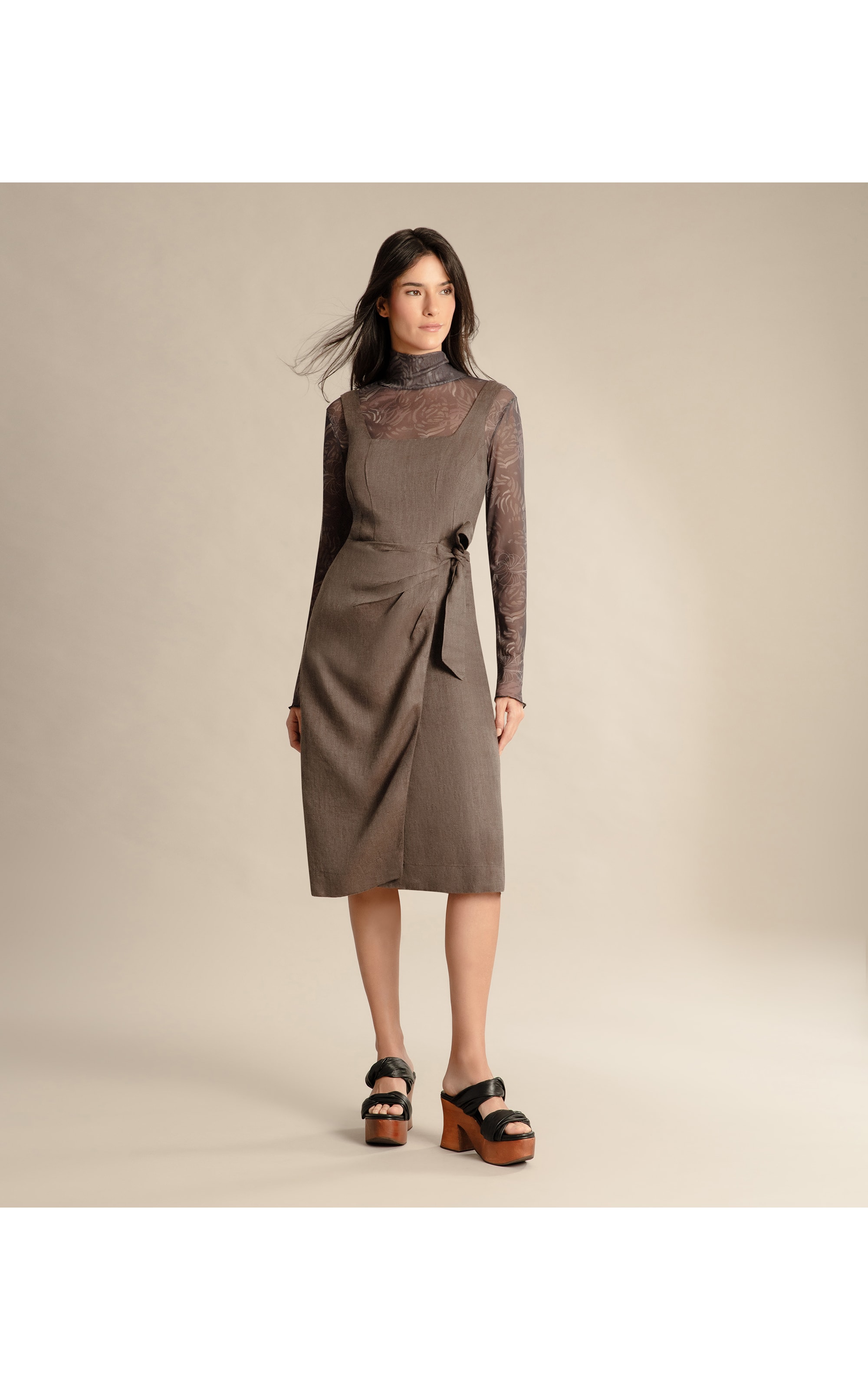 Vestido  Puro Linho Roma Fishbone Ft Grafite