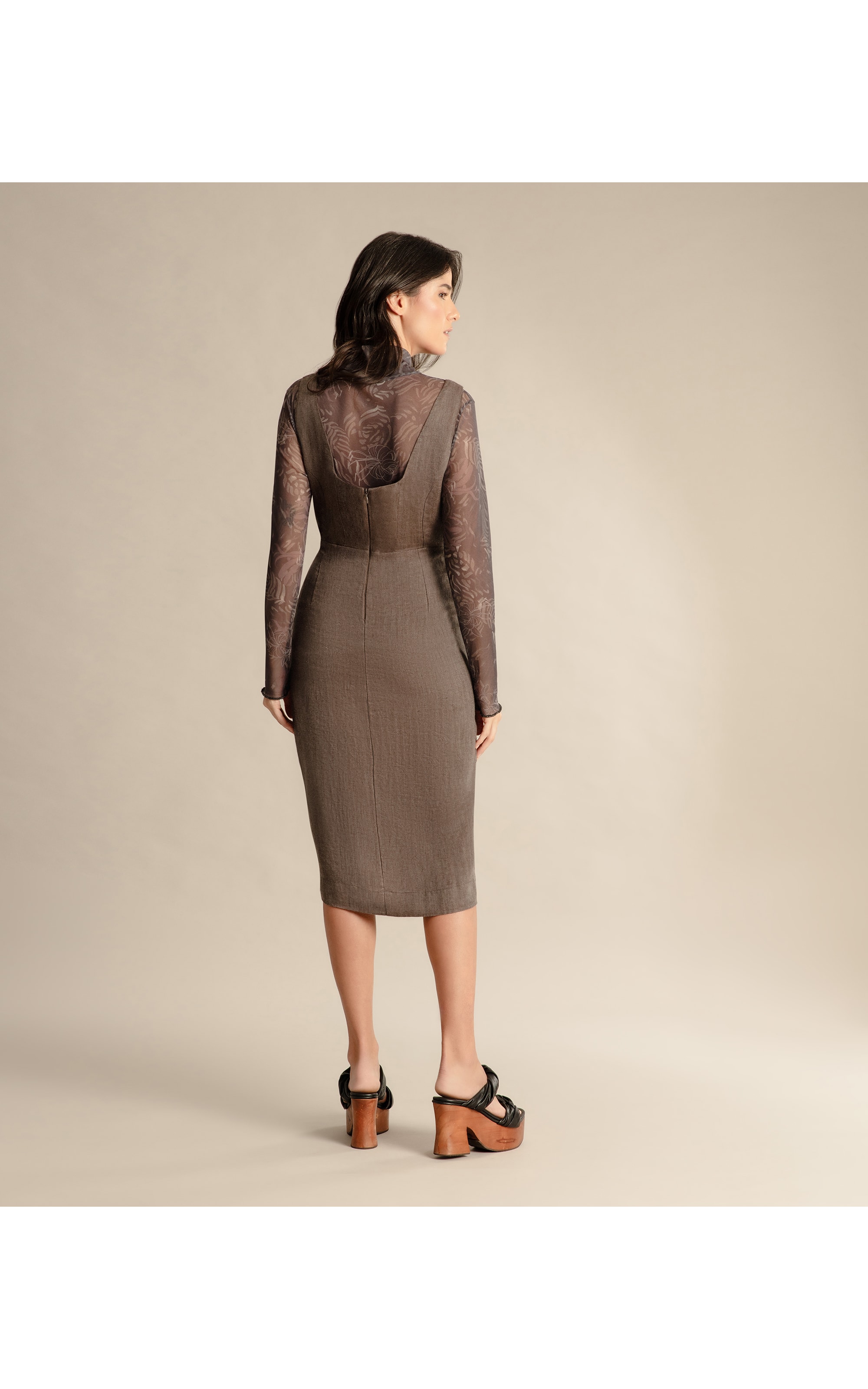 Vestido  Puro Linho Roma Fishbone Ft Grafite