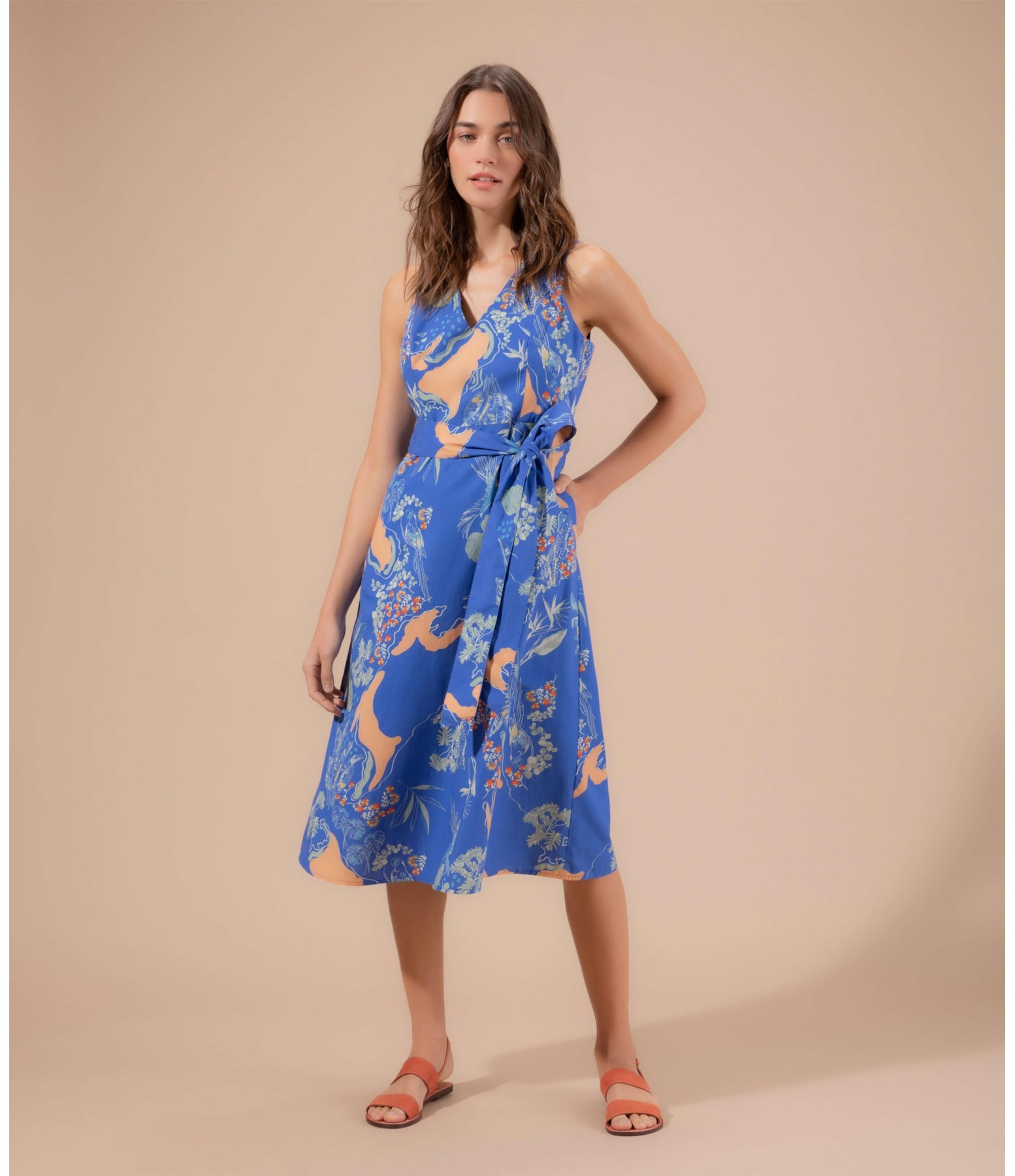 Vestido Vero Algodão Est Tropical Mapa Azul Bic