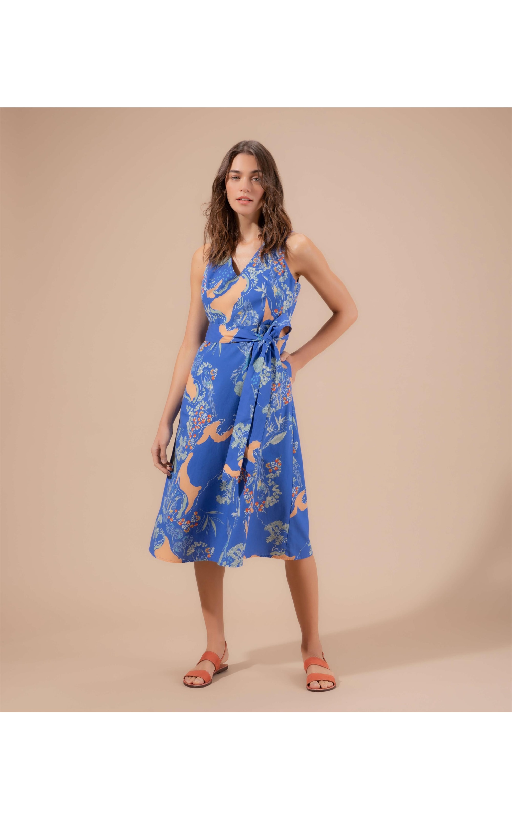 Vestido Vero Algodão Est Tropical Mapa Azul Bic