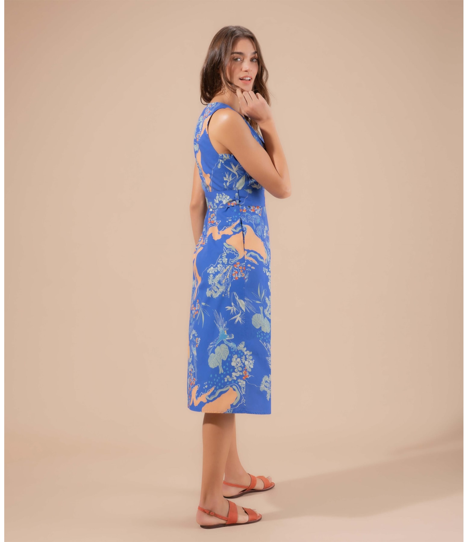 Vestido Vero Algodão Est Tropical Mapa Azul Bic