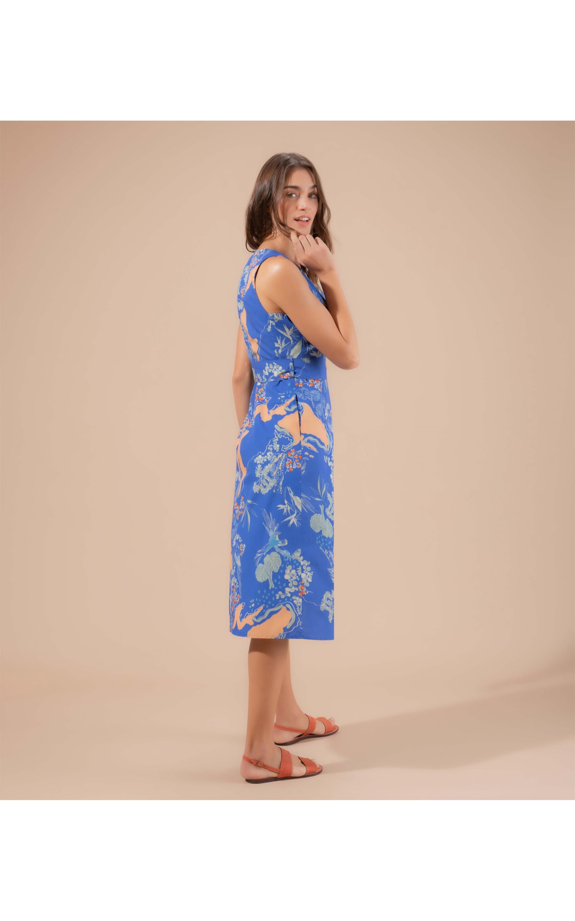 Vestido Vero Algodão Est Tropical Mapa Azul Bic