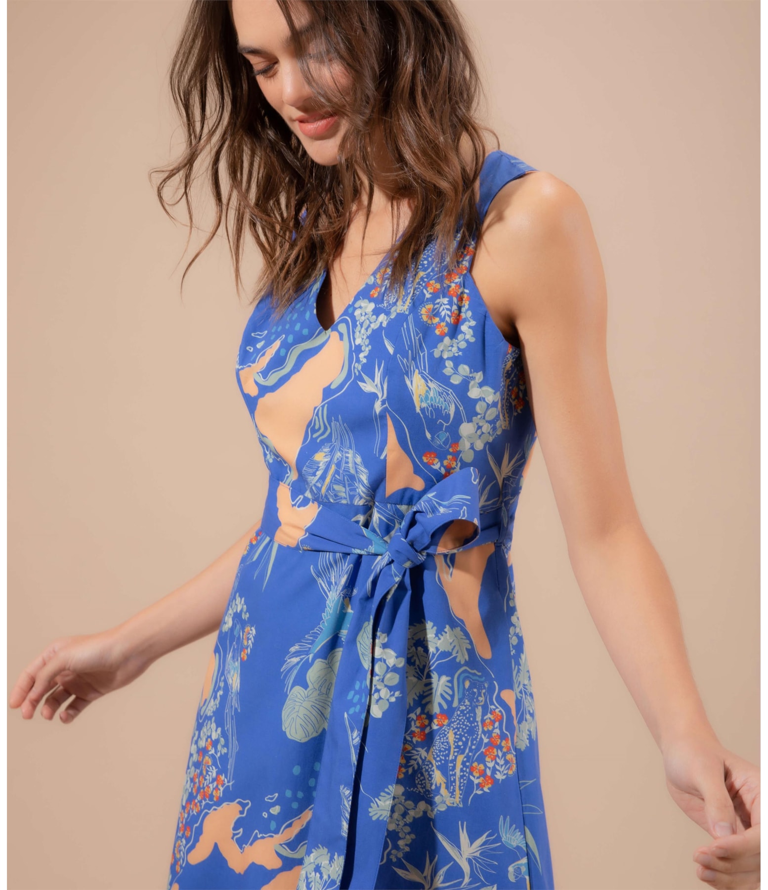 Vestido Vero Algodão Est Tropical Mapa Azul Bic
