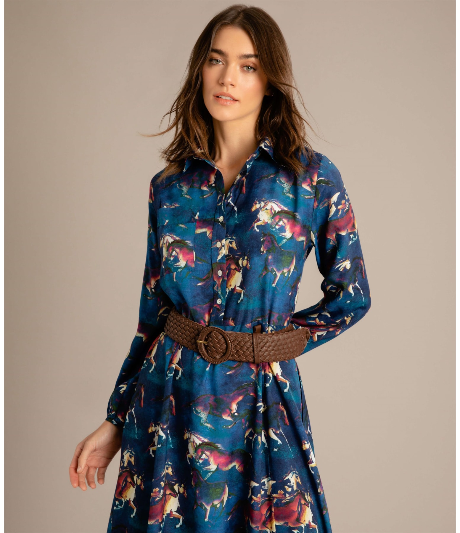 Vestido Yolanda Viscose Estmapa Caballos Azul Bic