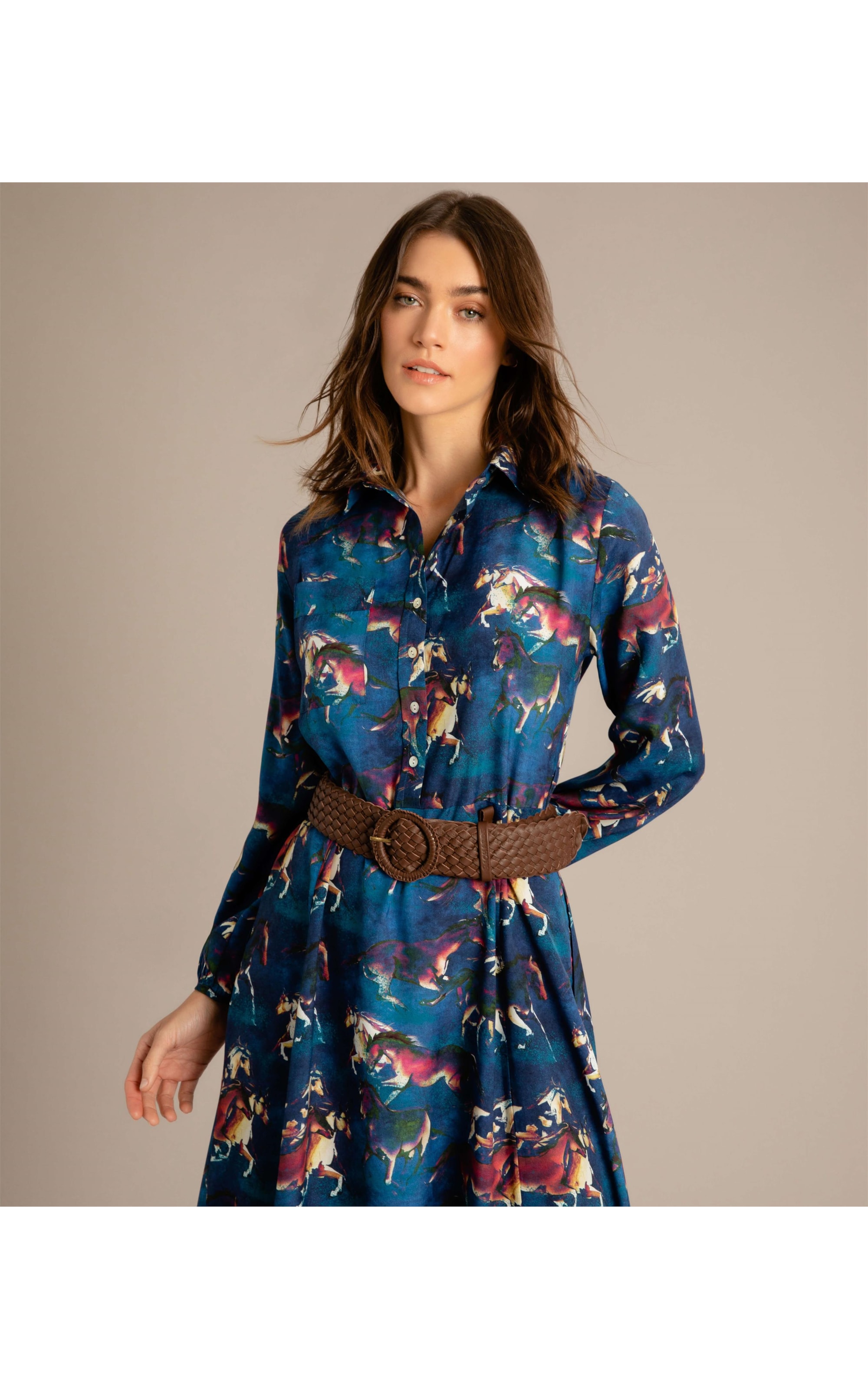Vestido Yolanda Viscose Estmapa Caballos Azul Bic