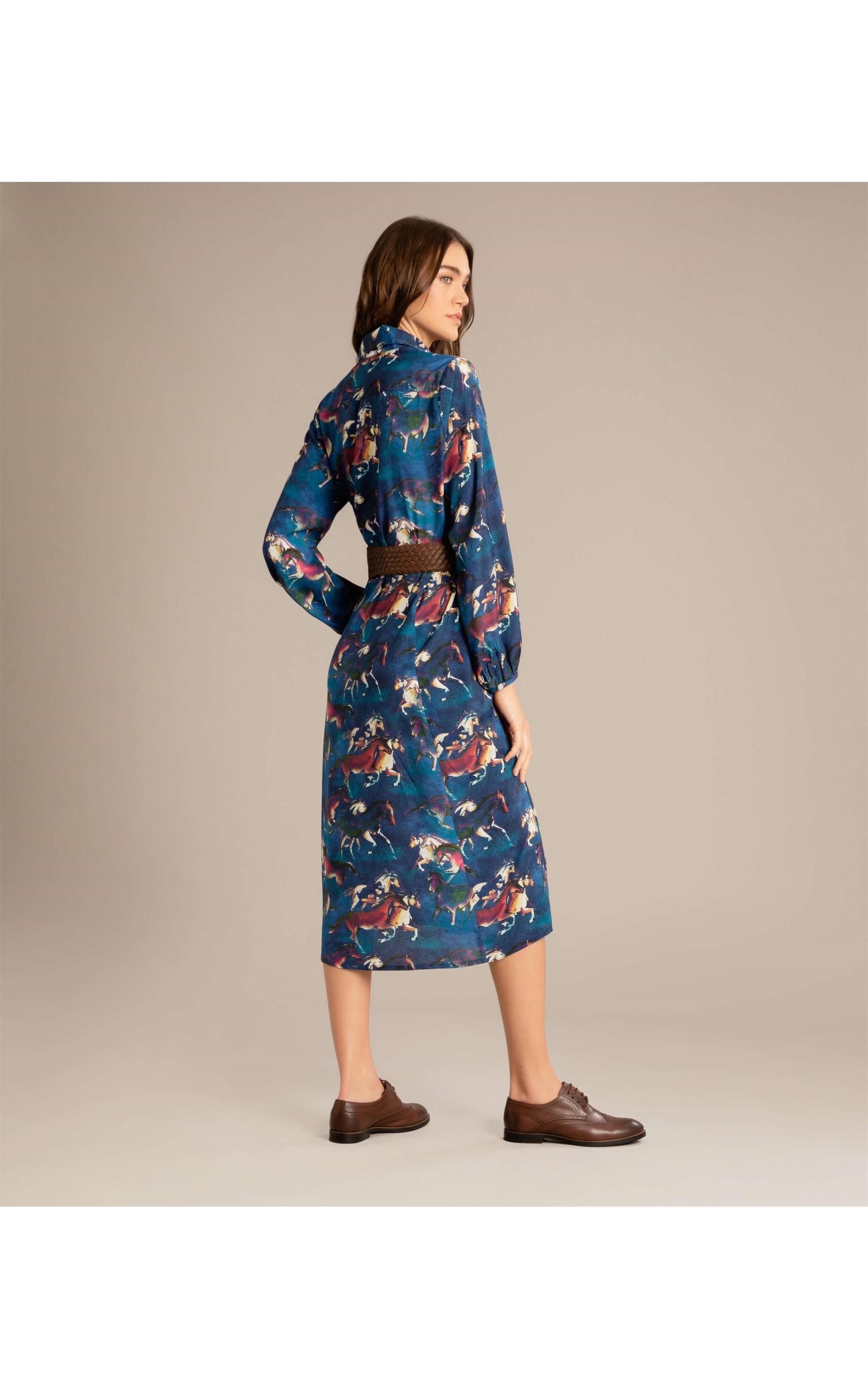Vestido Yolanda Viscose Estmapa Caballos Azul Bic