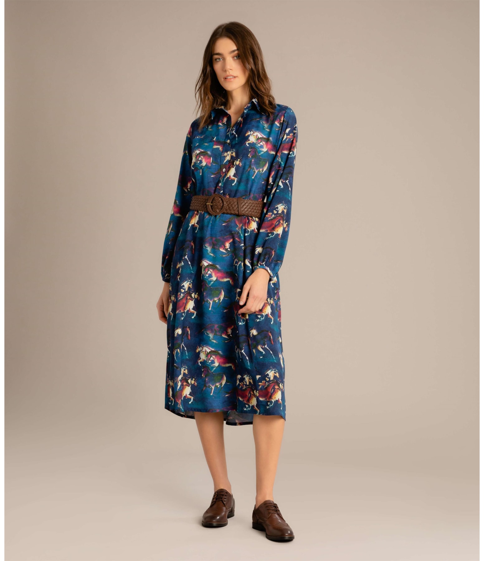 Vestido Yolanda Viscose Estmapa Caballos Azul Bic