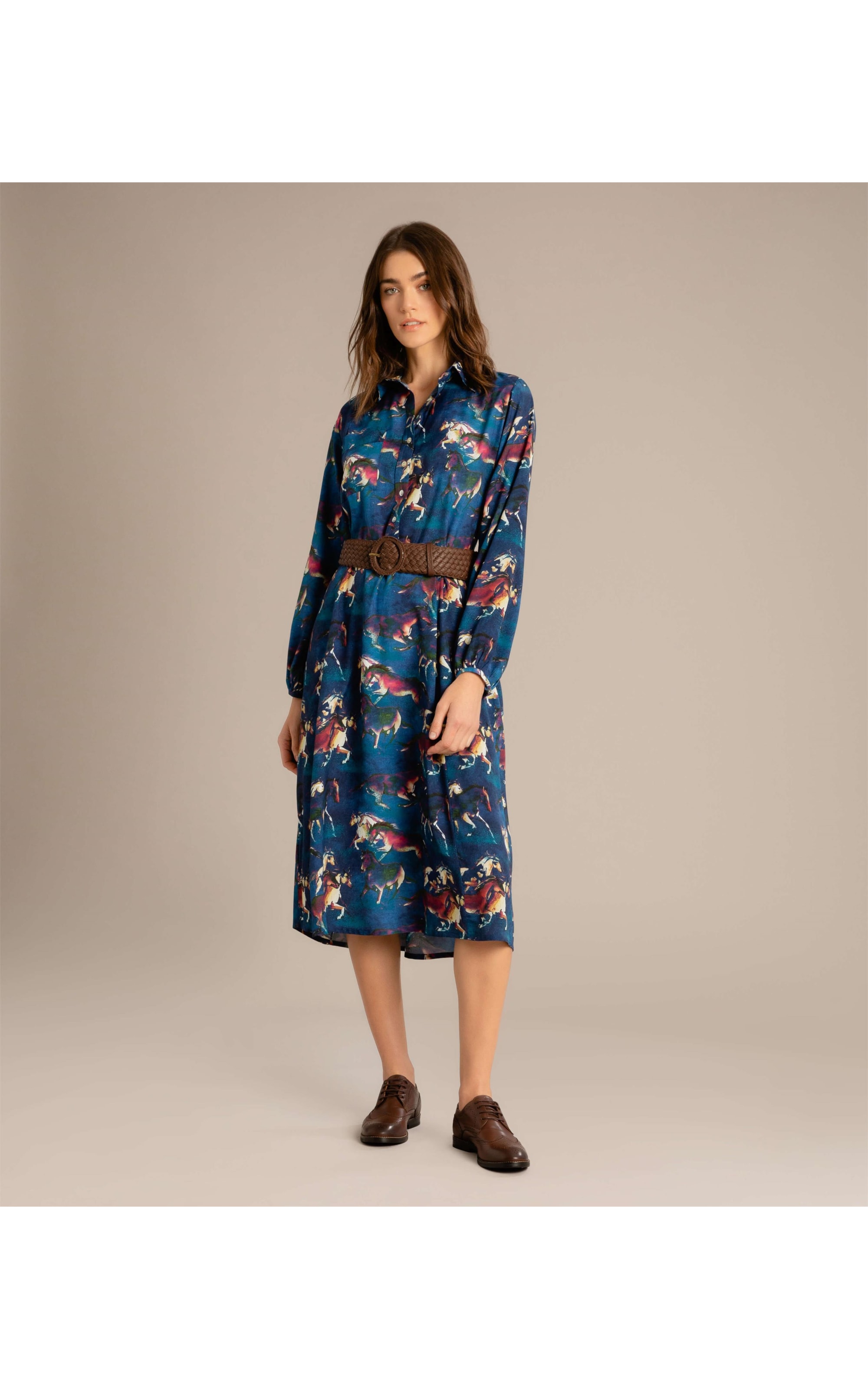 Vestido Yolanda Viscose Estmapa Caballos Azul Bic
