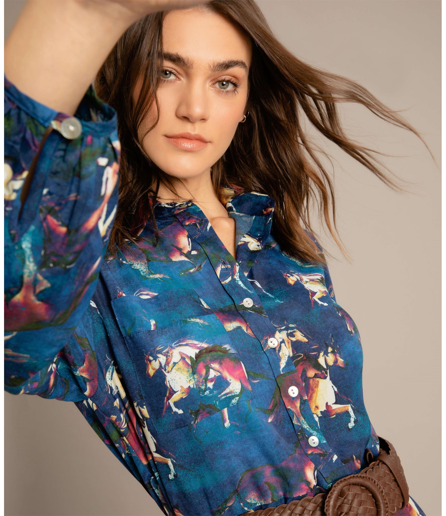 Vestido Yolanda Viscose Estmapa Caballos Azul Bic