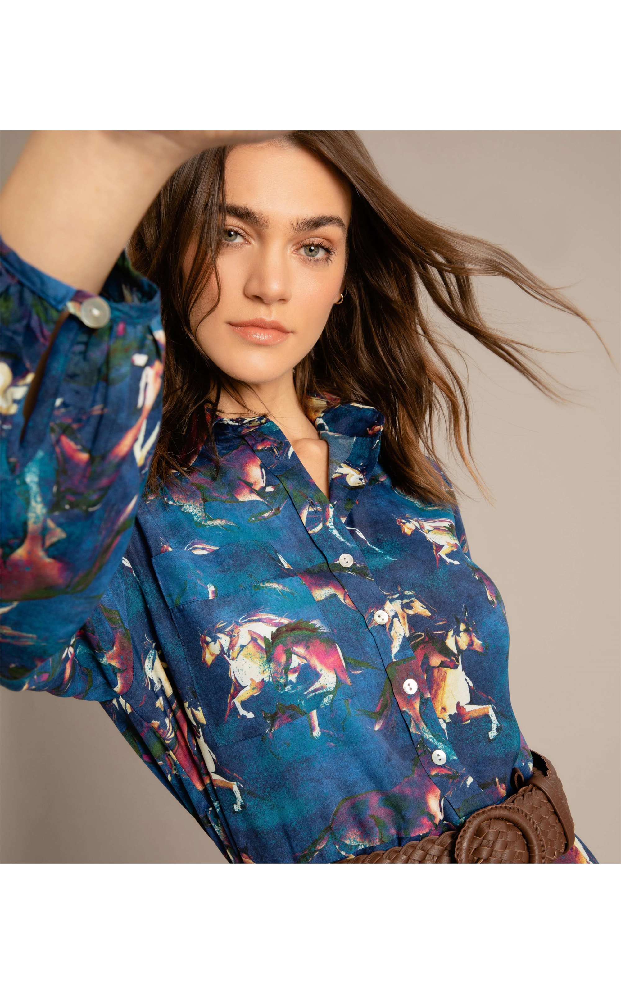 Vestido Yolanda Viscose Estmapa Caballos Azul Bic