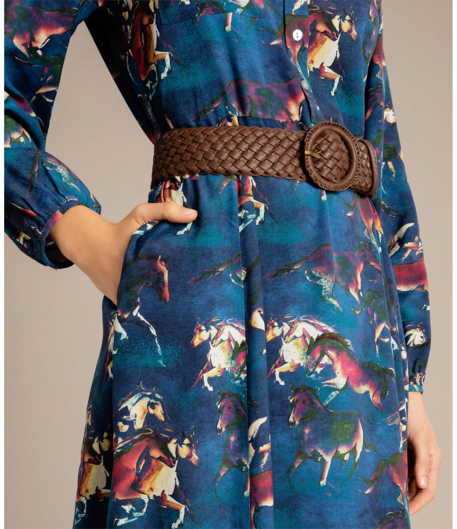 Vestido Yolanda Viscose Estmapa Caballos Azul Bic
