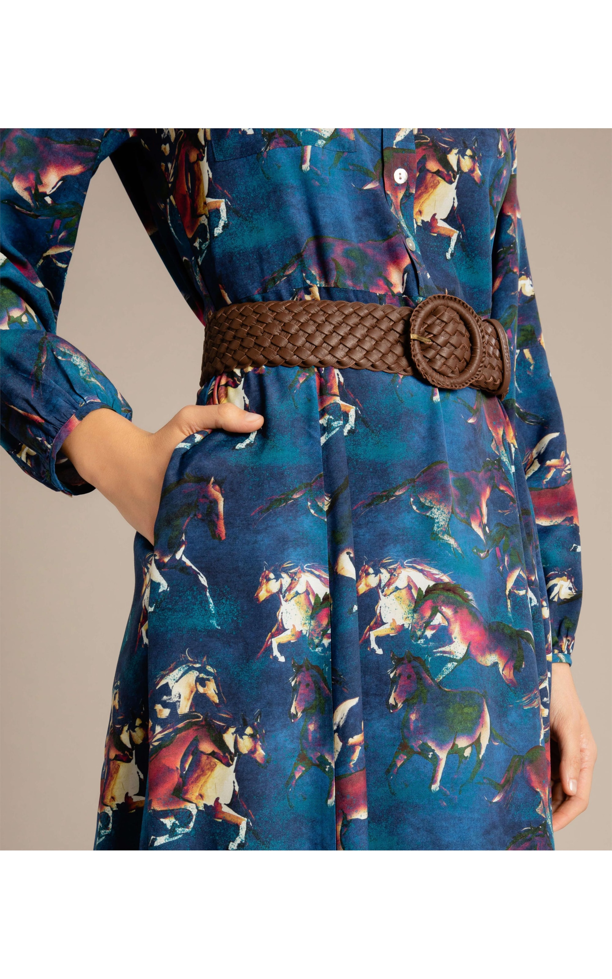 Vestido Yolanda Viscose Estmapa Caballos Azul Bic