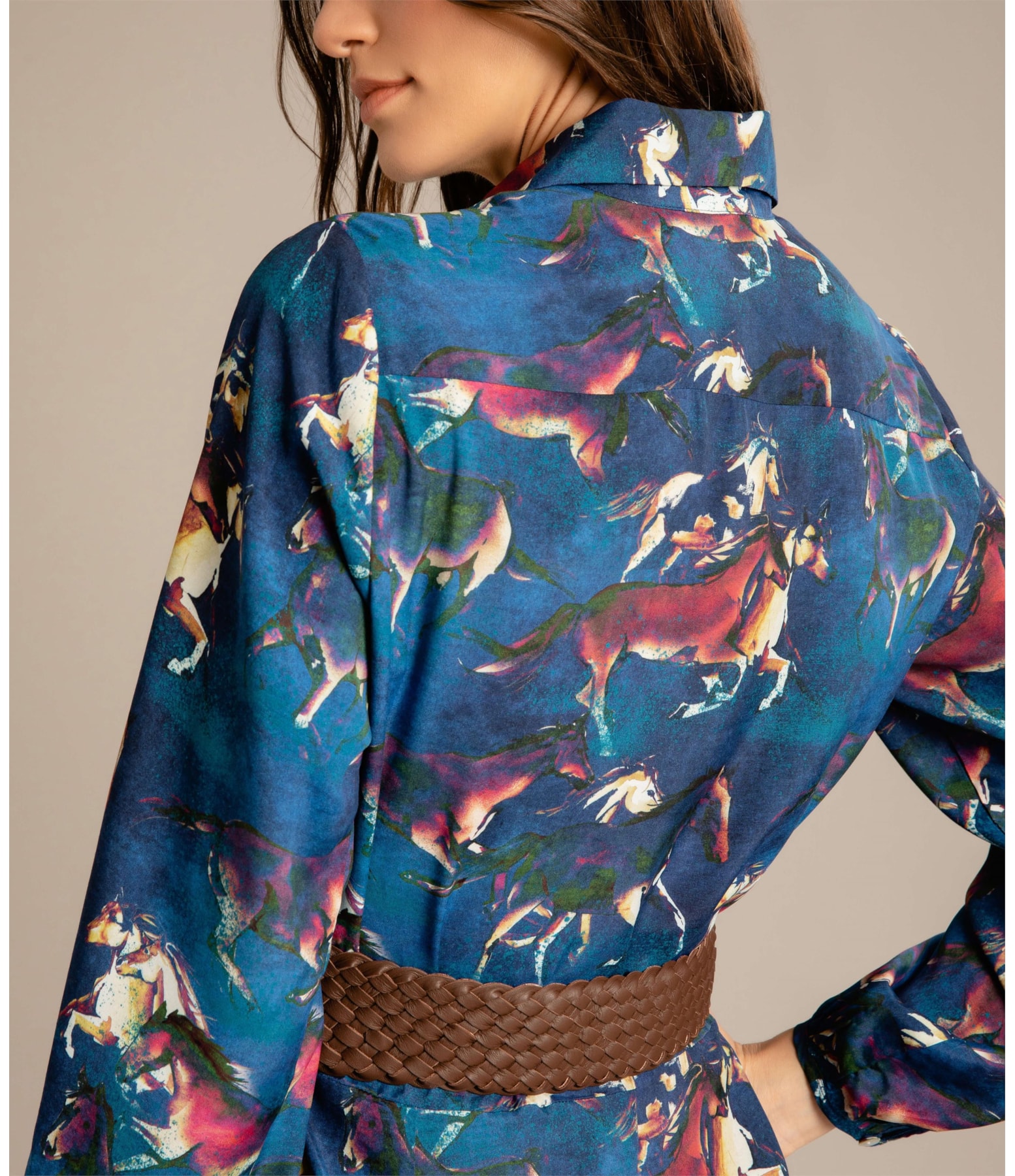 Vestido Yolanda Viscose Estmapa Caballos Azul Bic