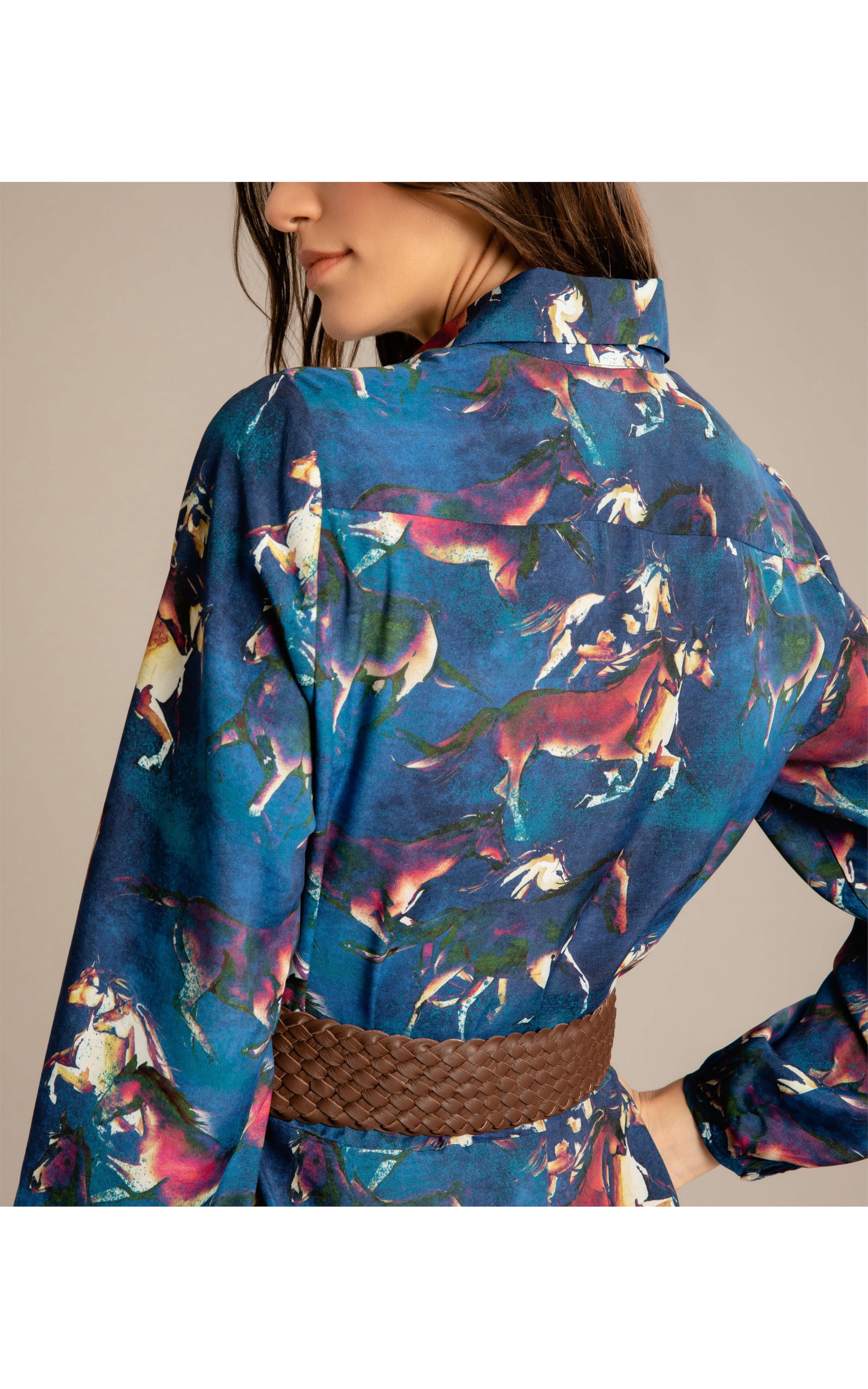 Vestido Yolanda Viscose Estmapa Caballos Azul Bic